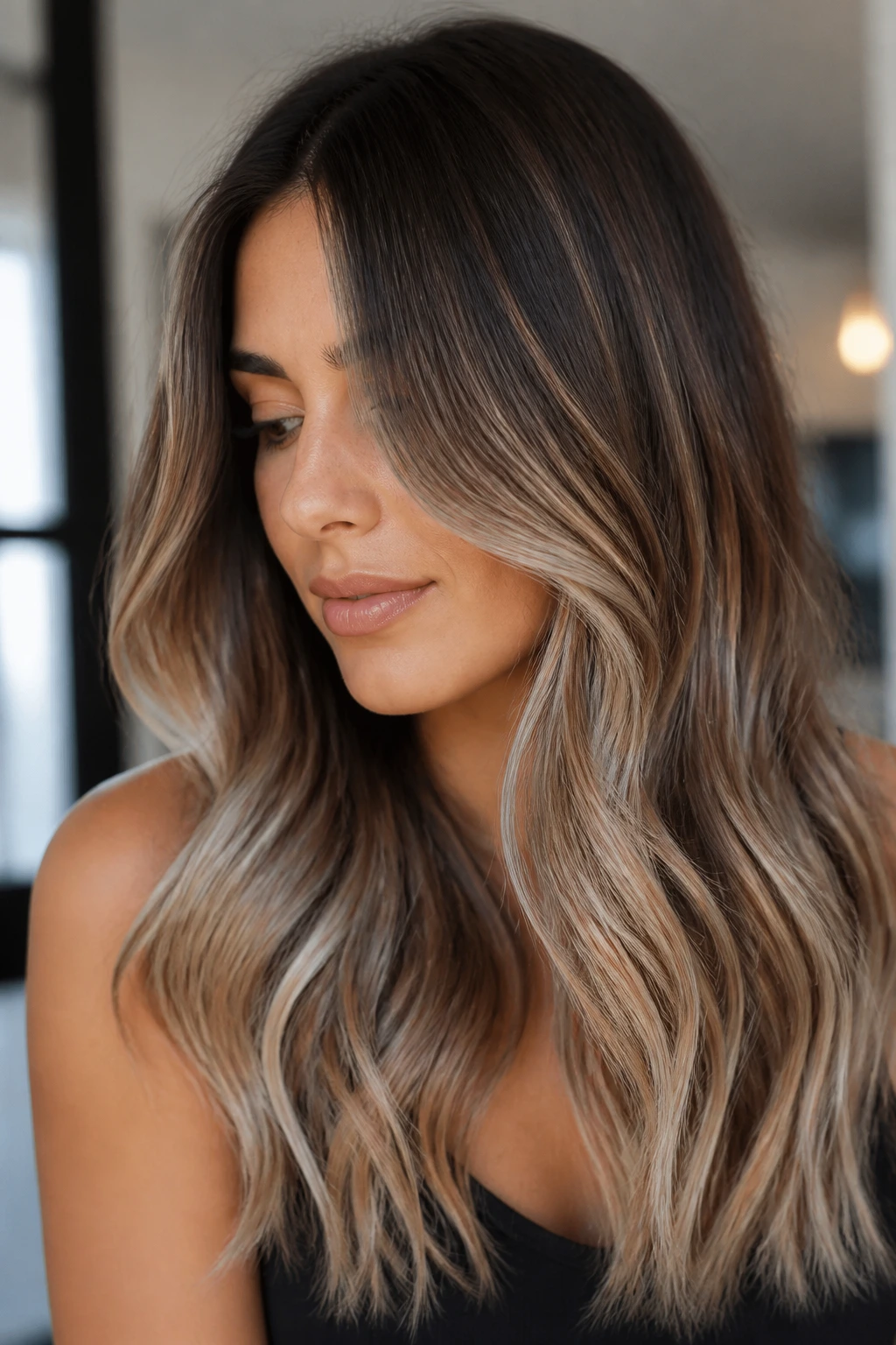 Close-up portrait of a real woman with frosted caramel balayage on brunette hair