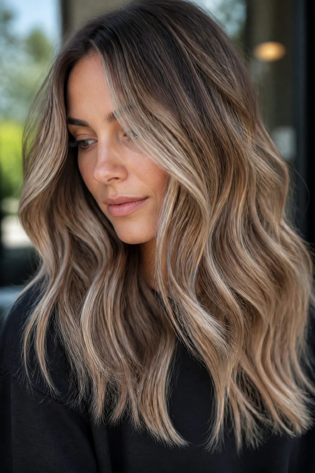 Real person with frosted caramel balayage showing cool beige tones and frosted ends