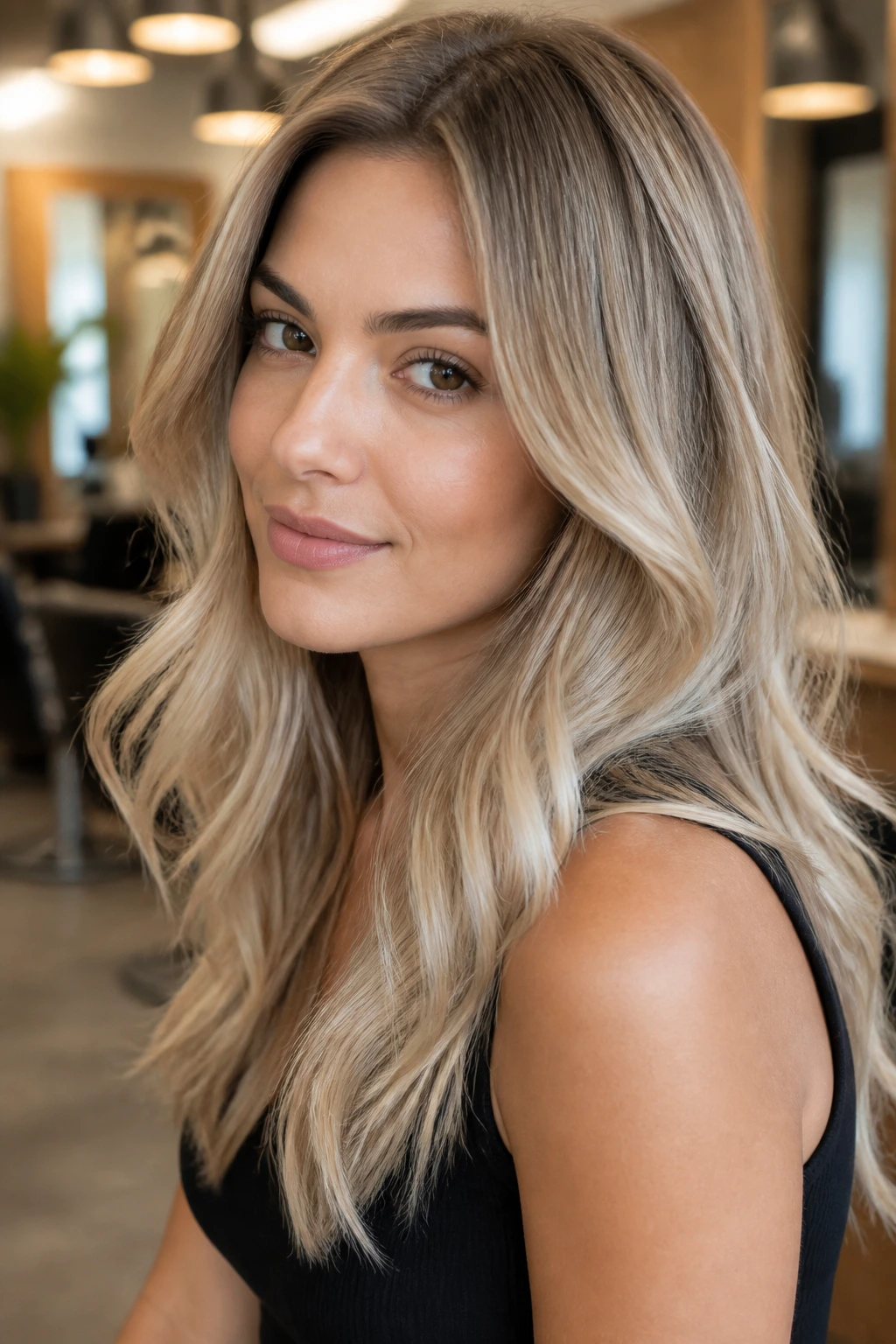 Close-up portrait of a real woman with frosted champagne blonde