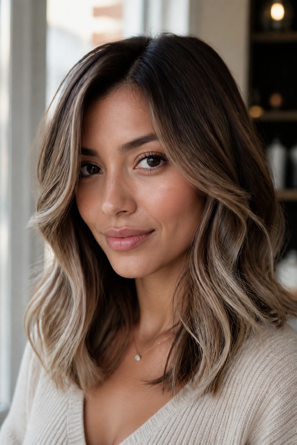 Shoulder-length hair with frosted chestnut balayage on a real woman