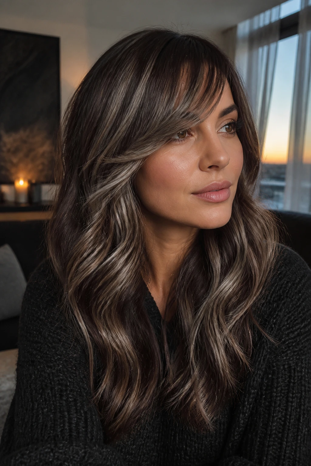 Portrait of a real woman with frosted cocoa ribbons balayage and cool ash tones.