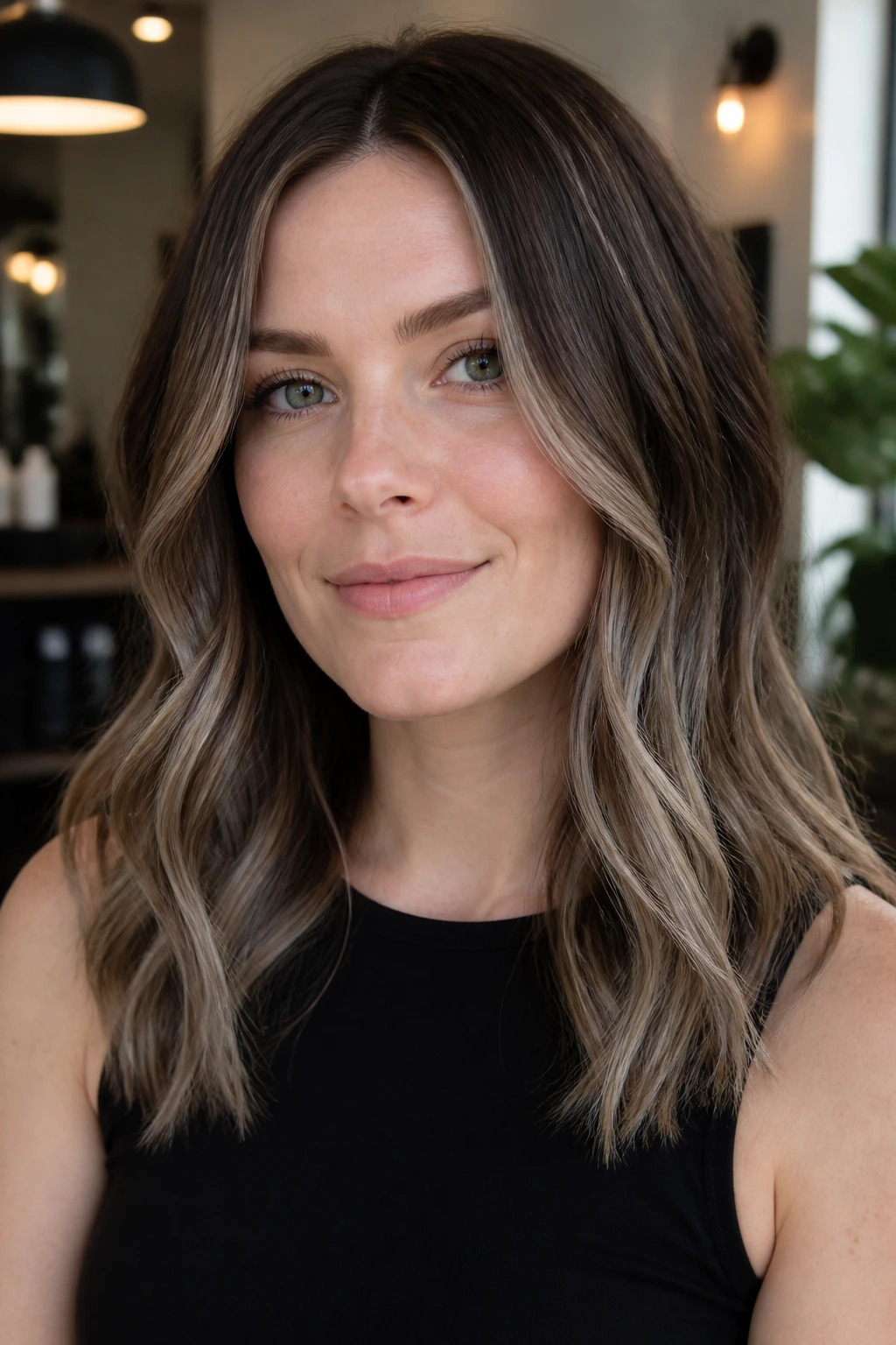 Close-up portrait of a real woman with frosted cocoa balayage on pale skin and a square face, soft window light.
