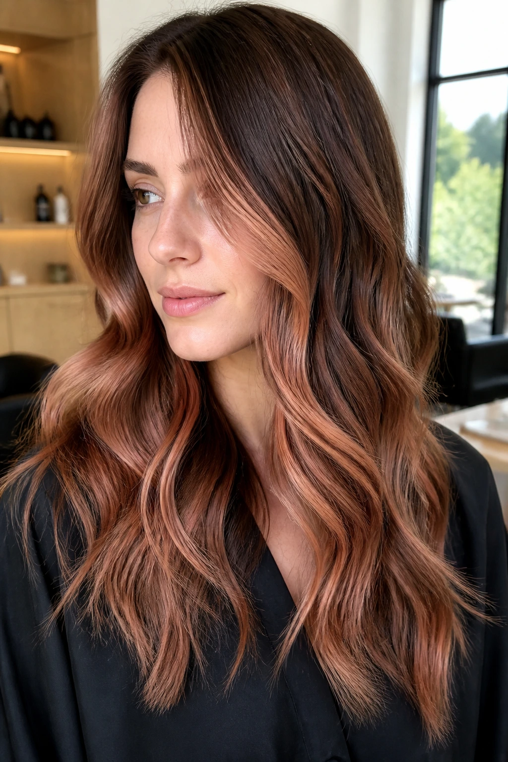 Close-up portrait of a woman with frosted copper balayage on cool brunette hair