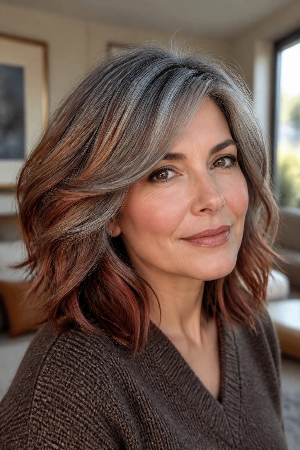 Brunette with frosted copper-grey blend hair and soft root