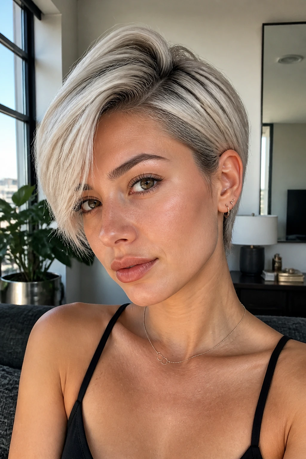 Portrait of a real person with frosted crop and deep side part in pearl tones
