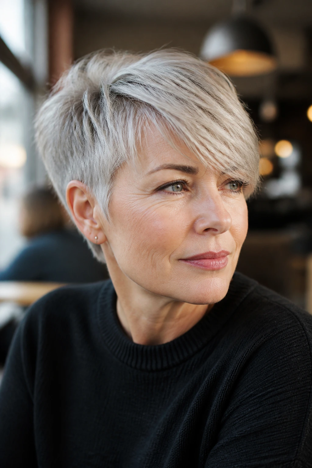 Close-up of a woman with frosted crop and side-swept fringe