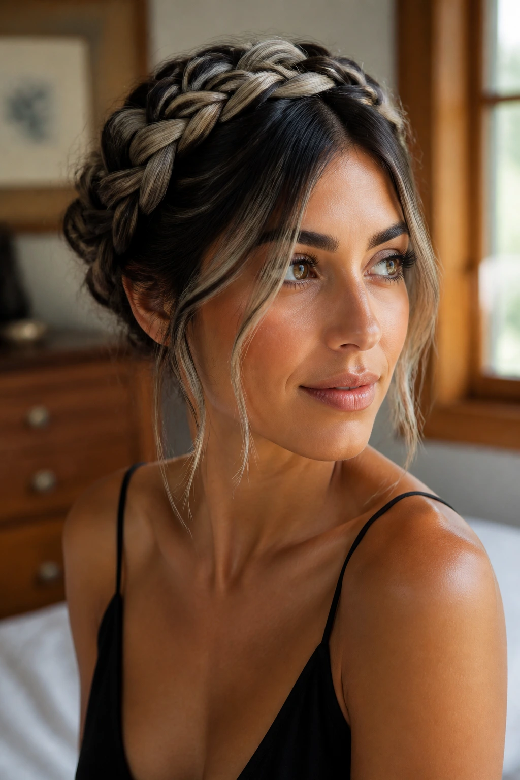 Frosted crown braid on dark hair with scattered blonde highlights