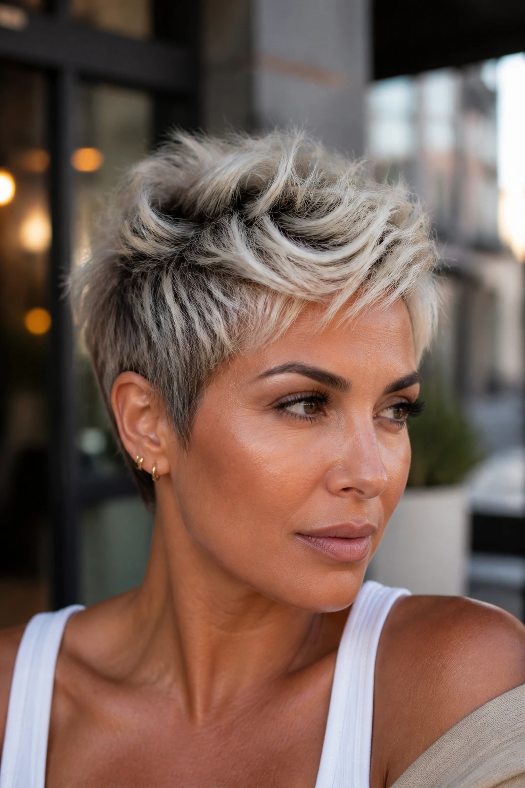 Portrait of a real woman with a frosted crown pixie and smoky root on tan skin