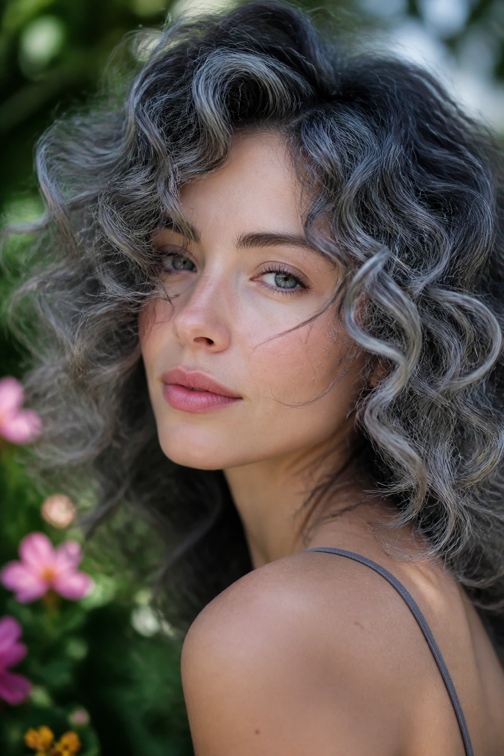 Close-up portrait of a real woman with frosted grey curls outdoors.