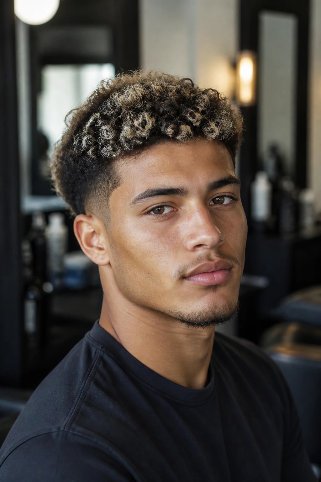 Head-and-shoulders portrait of a man with frosted curl tips and a low taper fade