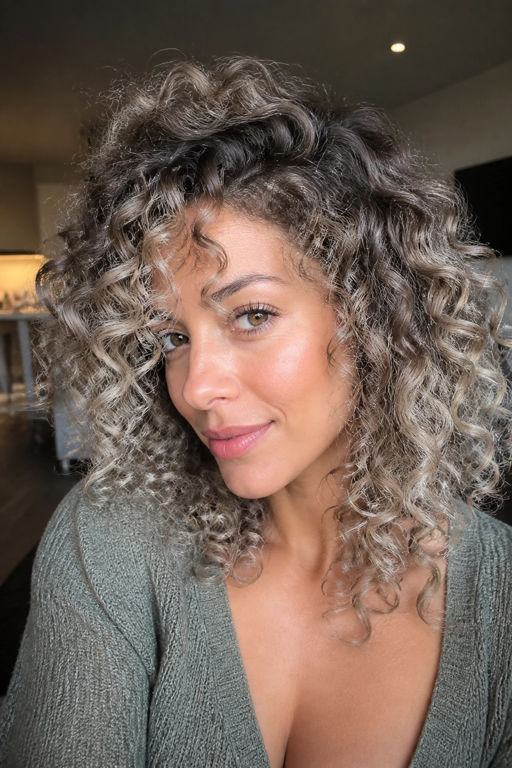 Close-up of frosted curls with a shadowed root on a real person