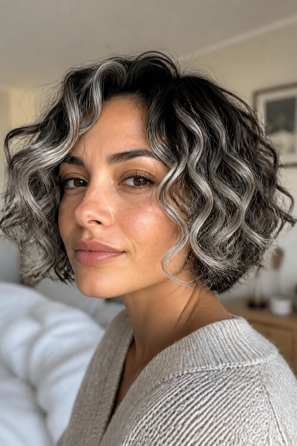 Close-up of a frosted curly bob on a real woman