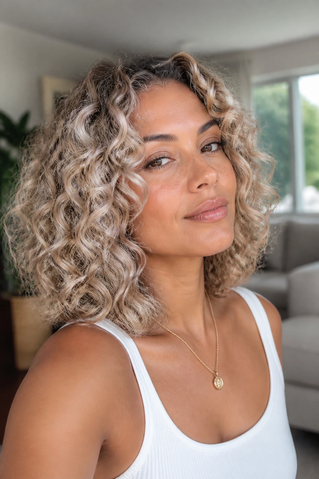 Real woman with frosted curly lob haircut in bright natural light