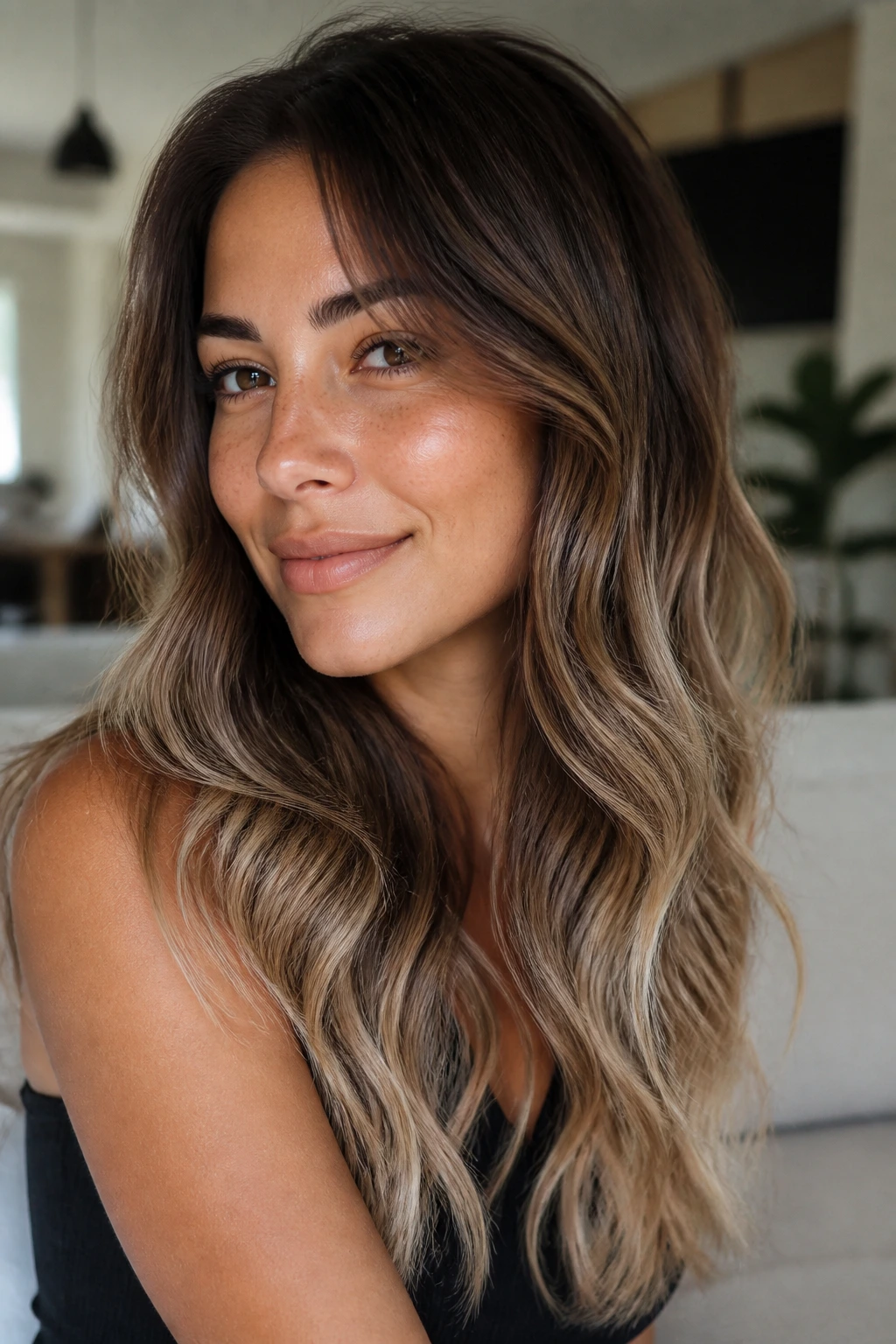 Close-up of warm brunette with frosted beige ends and natural movement