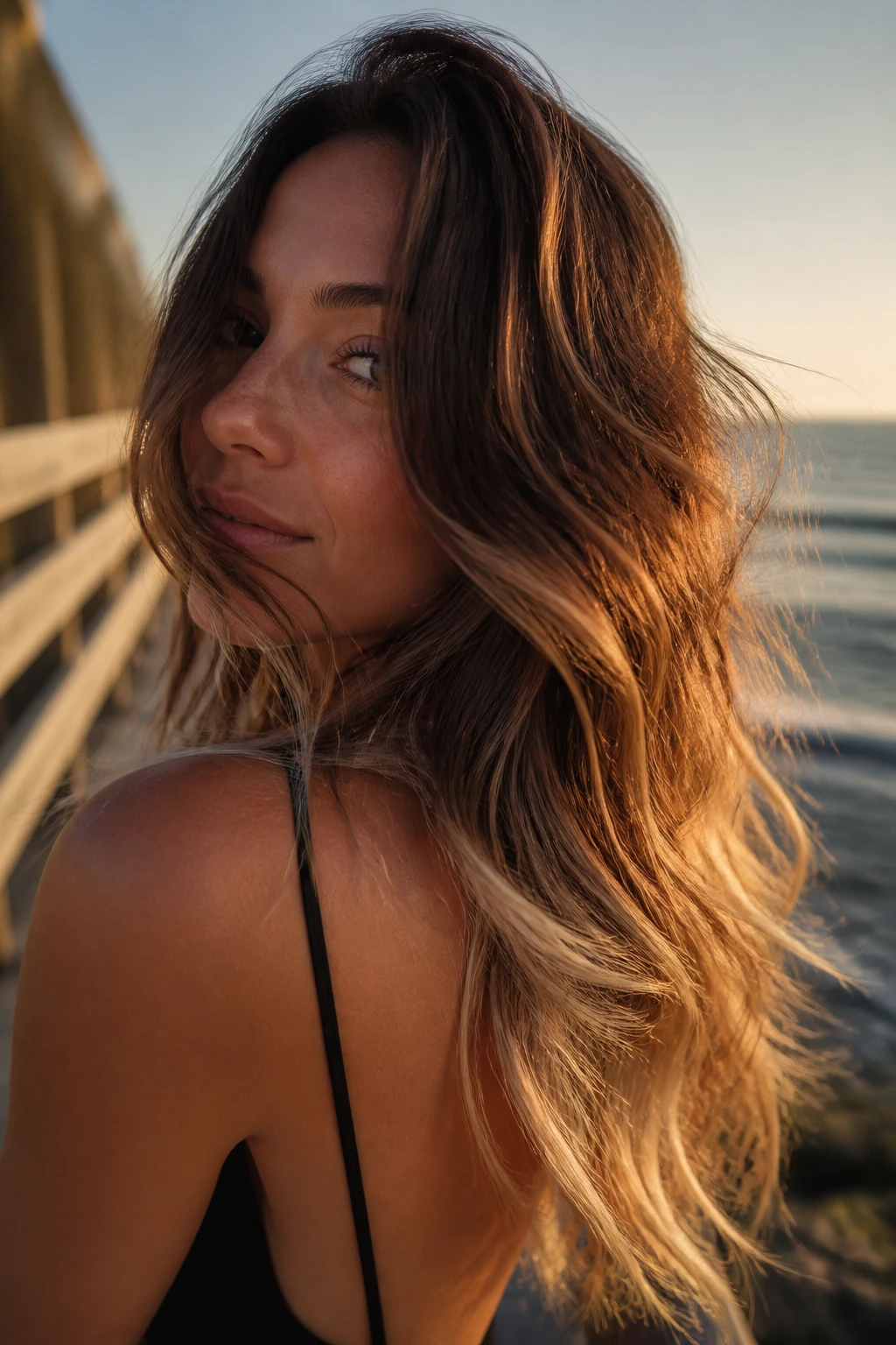 Close-up of a real woman with sun-warmed brunette waves and frosted ends on a seaside boardwalk