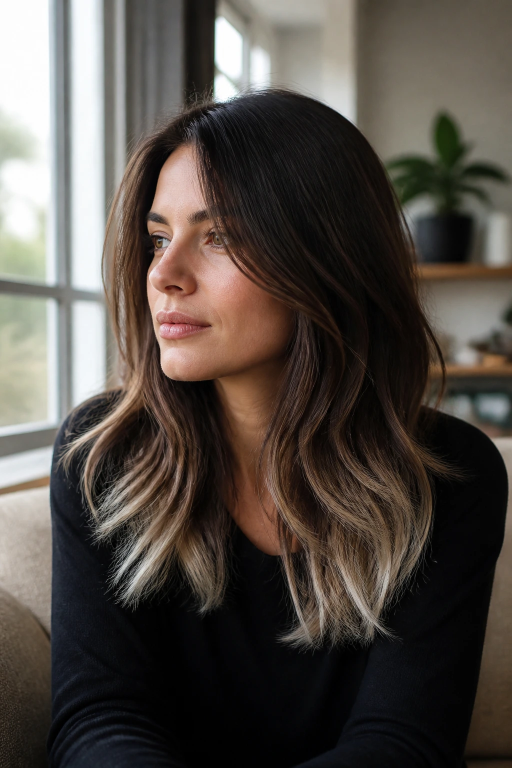 Medium close-up of layered brunette hair with frosted icy ends