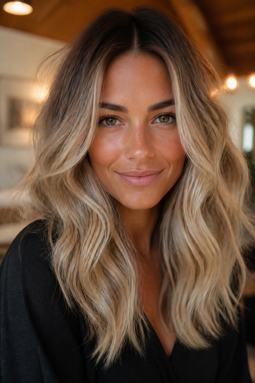 Head-and-shoulders shot of frosted ends with natural dark root on a real person