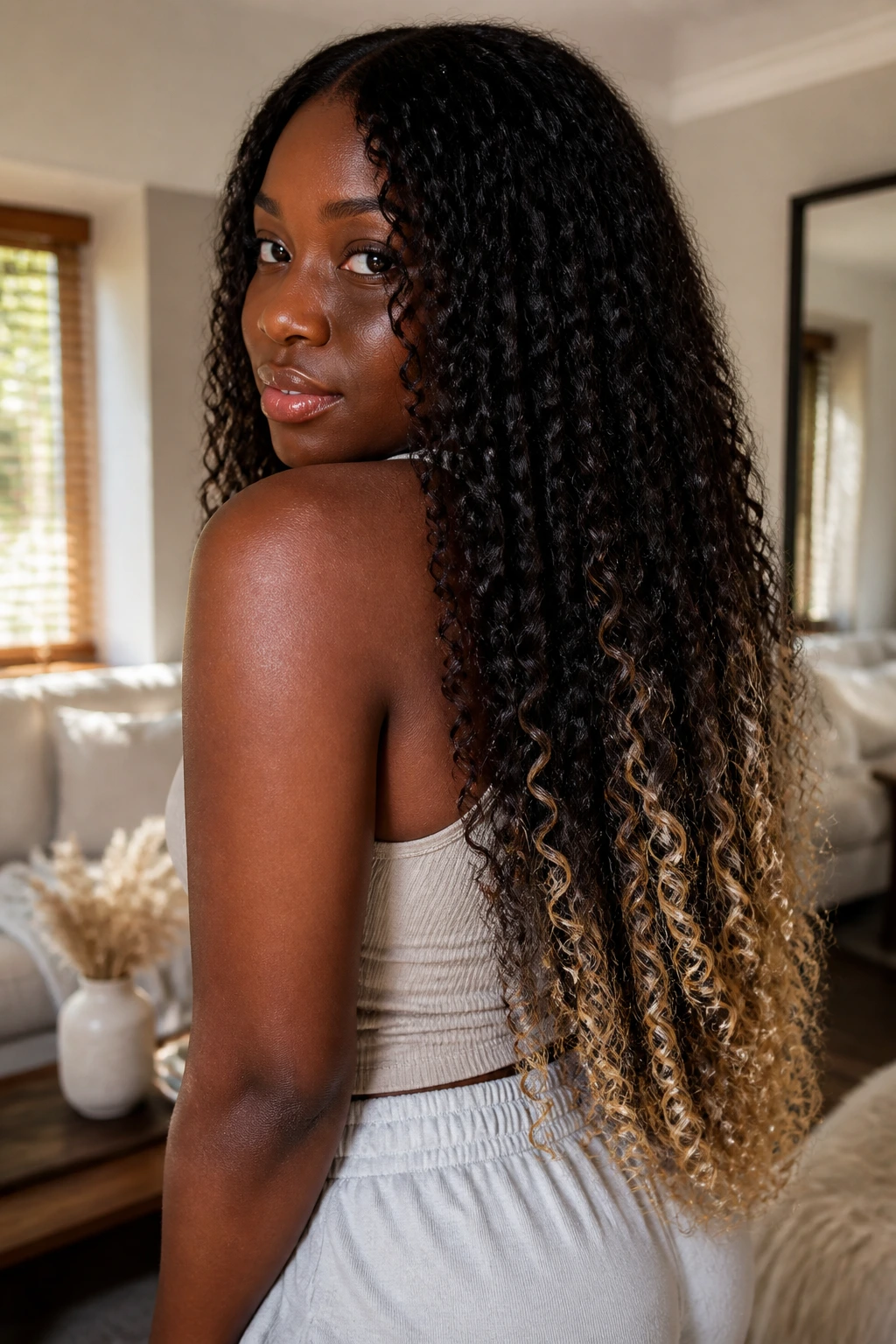 Close-up of waist-length curls with frosted ends catching warm light