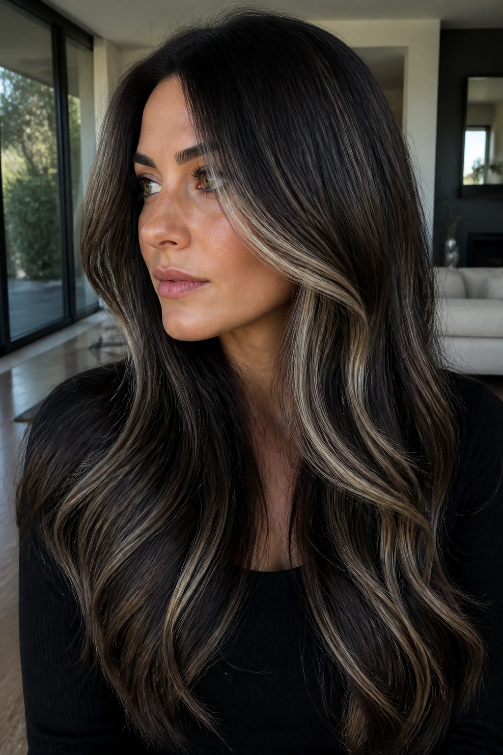 Close-up of frosted espresso contrast on long layered hair