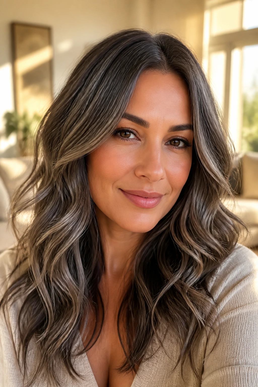 Close-up portrait of a person with Frosted Espresso Gray hair in beachy waves