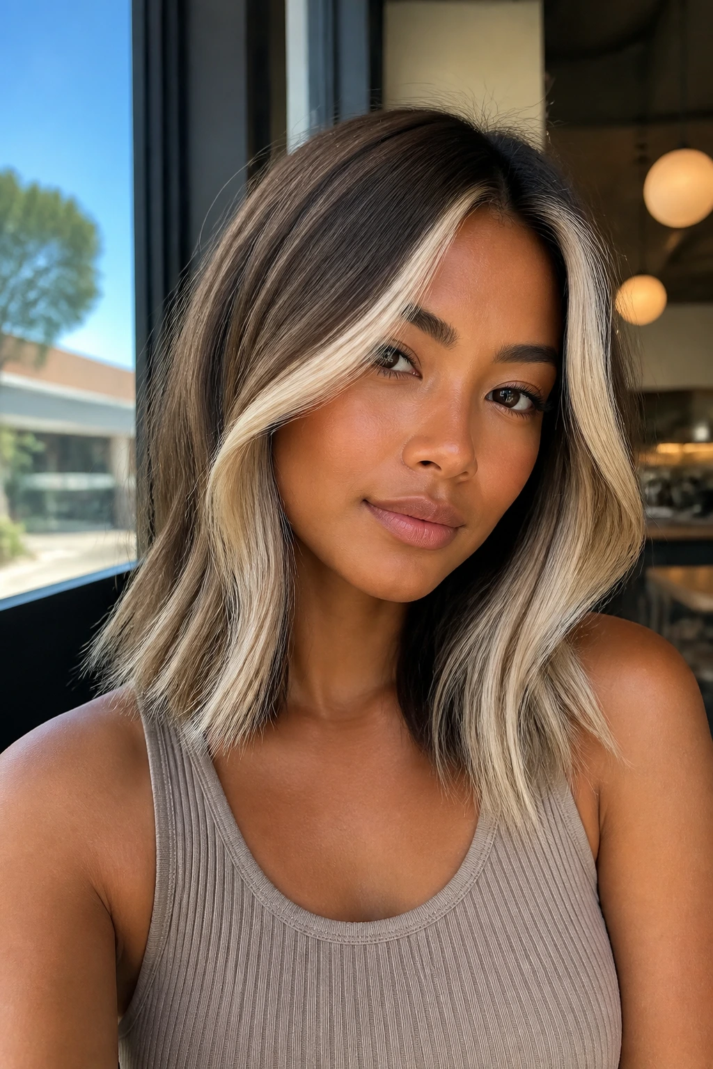 Close-up portrait with frosted face-frame lob hairstyle on real person.