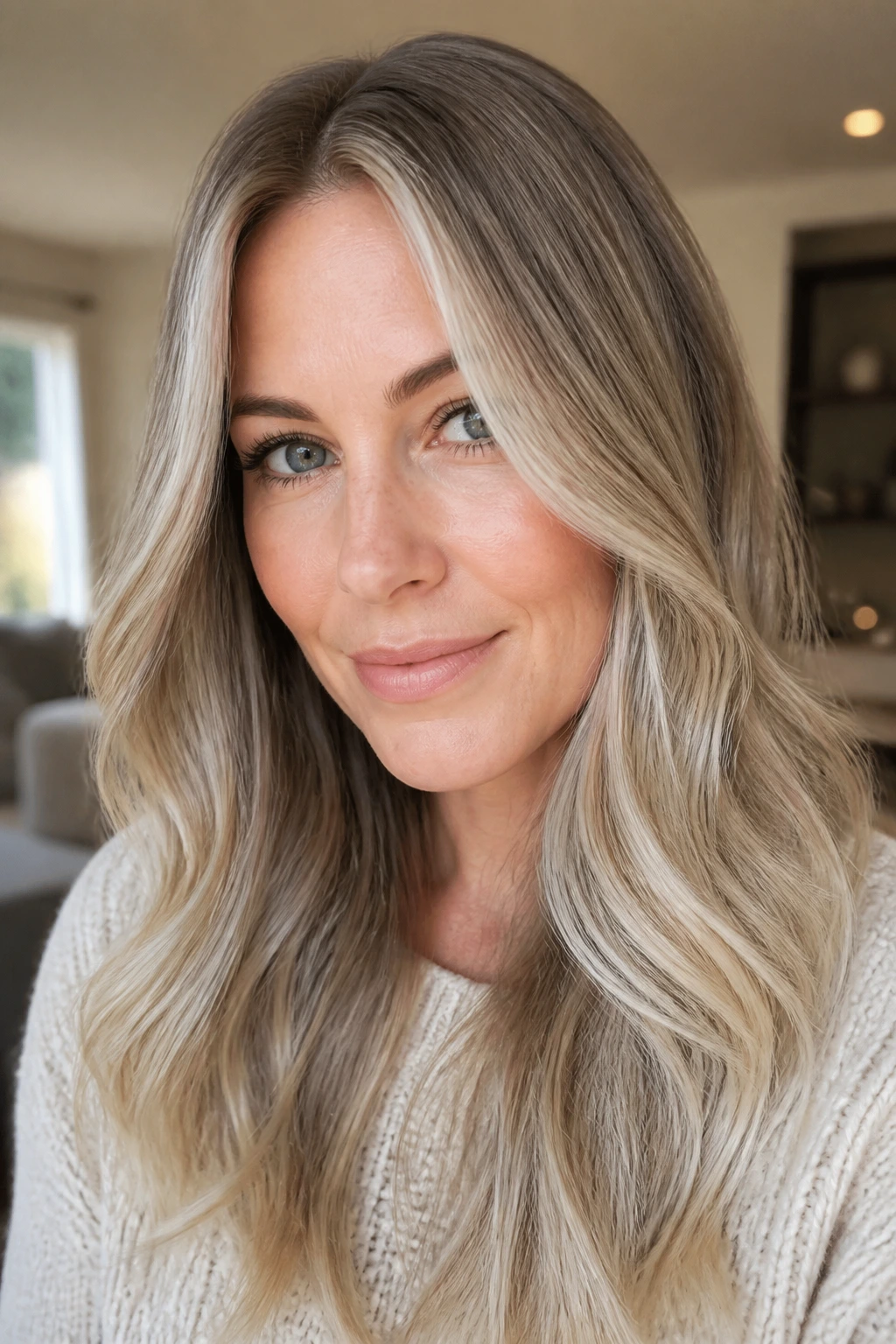 Portrait of a real woman with frosted face-framing ash-blonde pieces by the eyes.