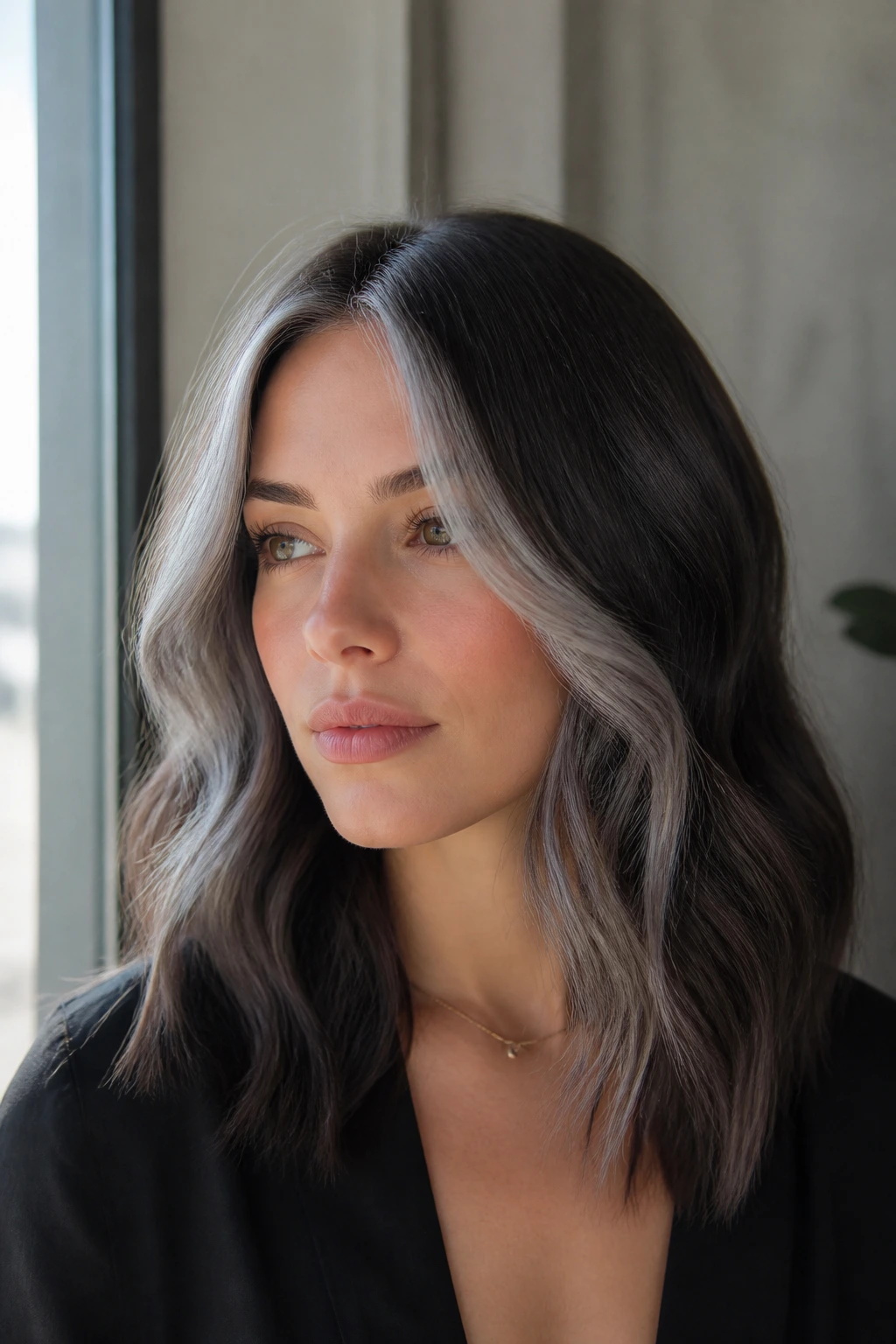 Close-up portrait of a real woman with frosted face-framing pieces on dark brown hair by a window