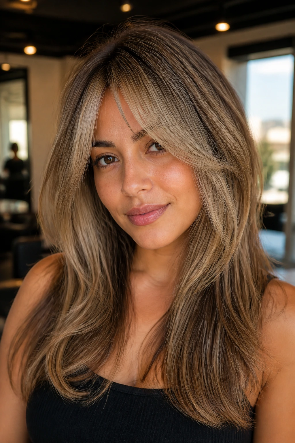Close-up of a woman with frosted fringe highlights framing her face.