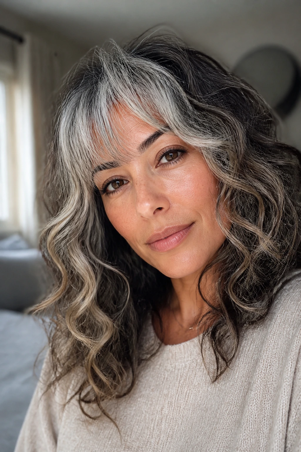 Portrait of a woman with frosted fringe and loose curls