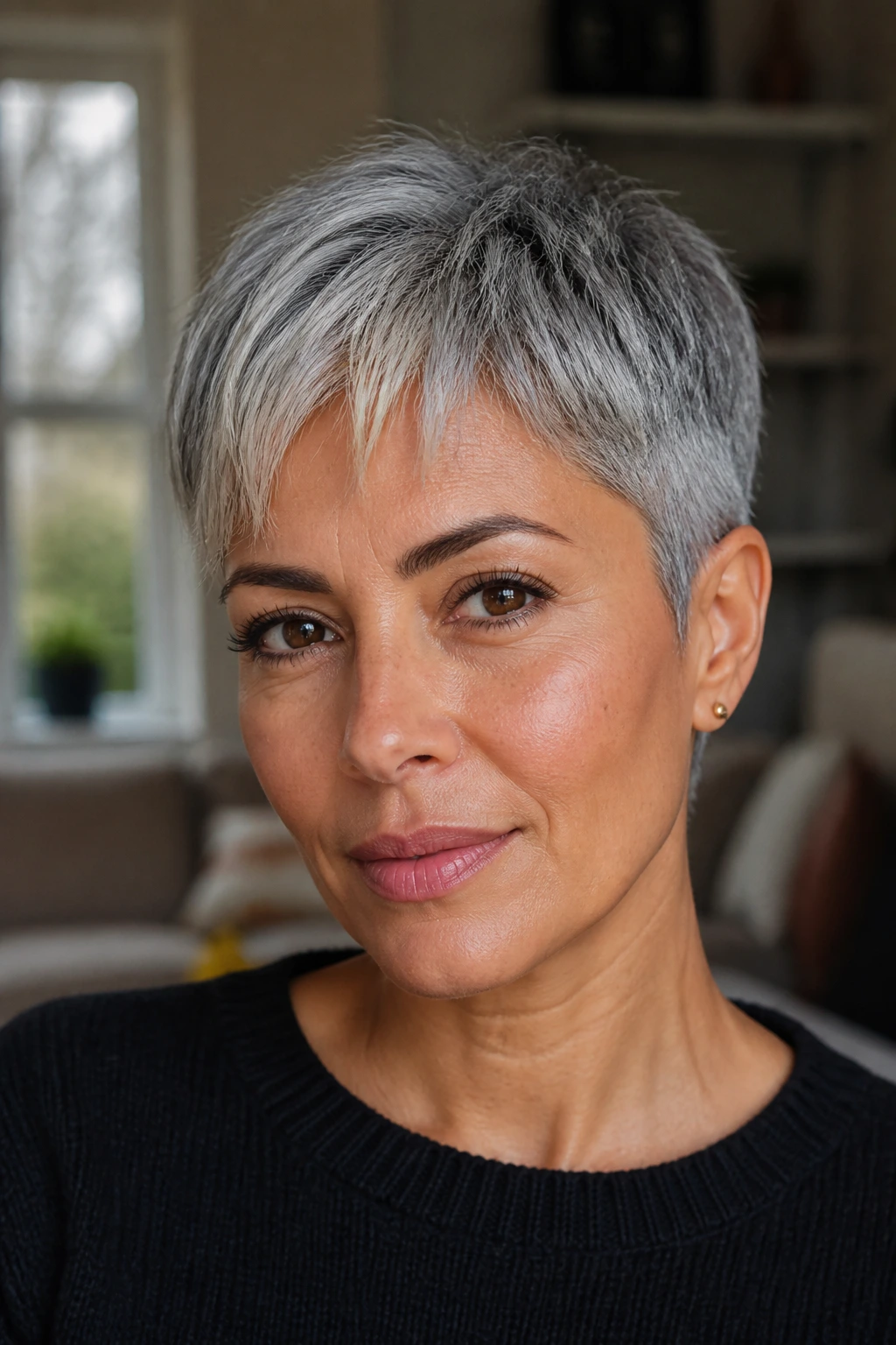 Close-up of a real person with frosted fringe and tapered crop on olive skin and grey hair