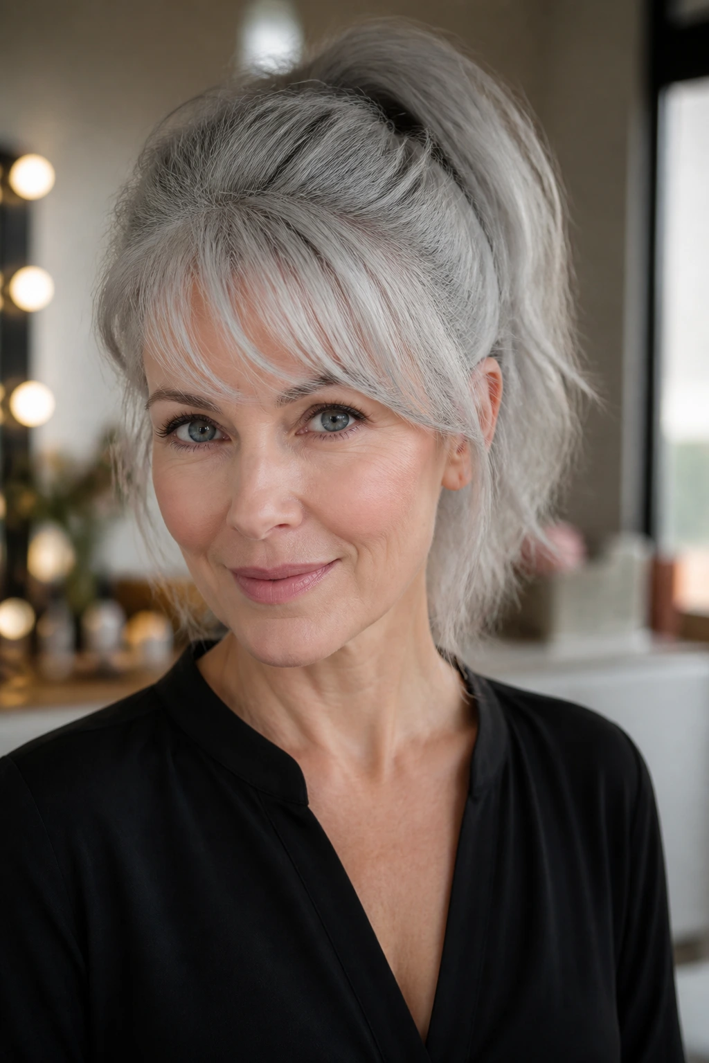 Close-up portrait of a real woman with a frosted grey ponytail and side-swept bangs