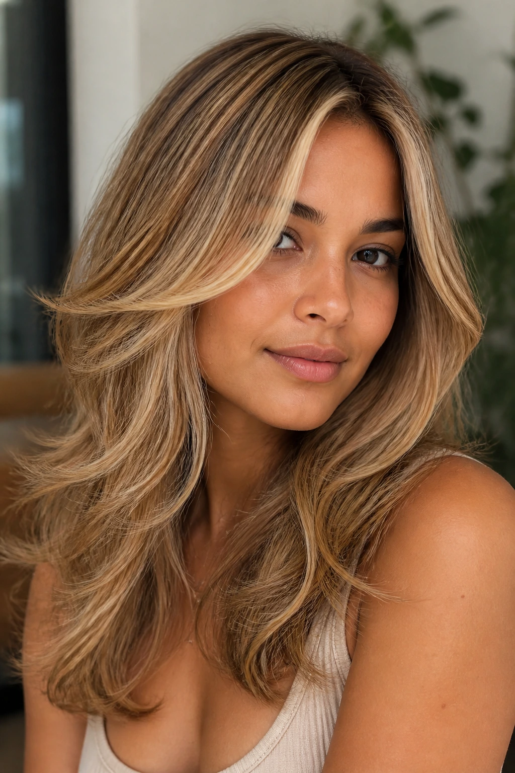 Close-up of a real woman with frosted honey layered hair in soft light