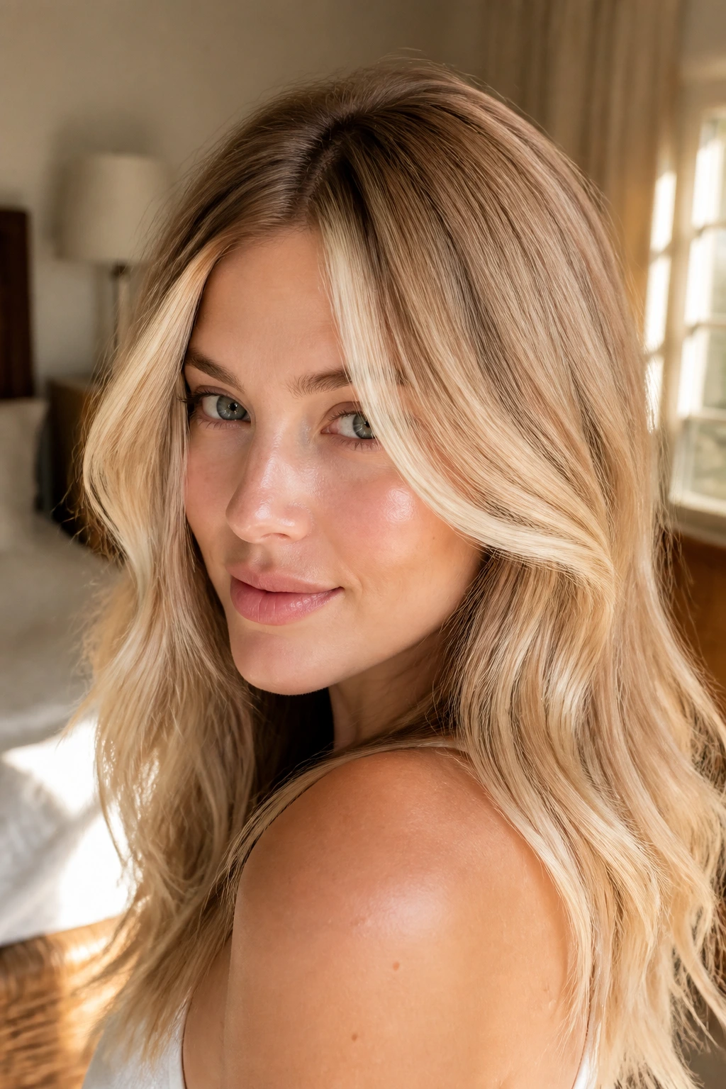 Close-up portrait of a real woman with frosted honey blonde highlights and a soft root shadow