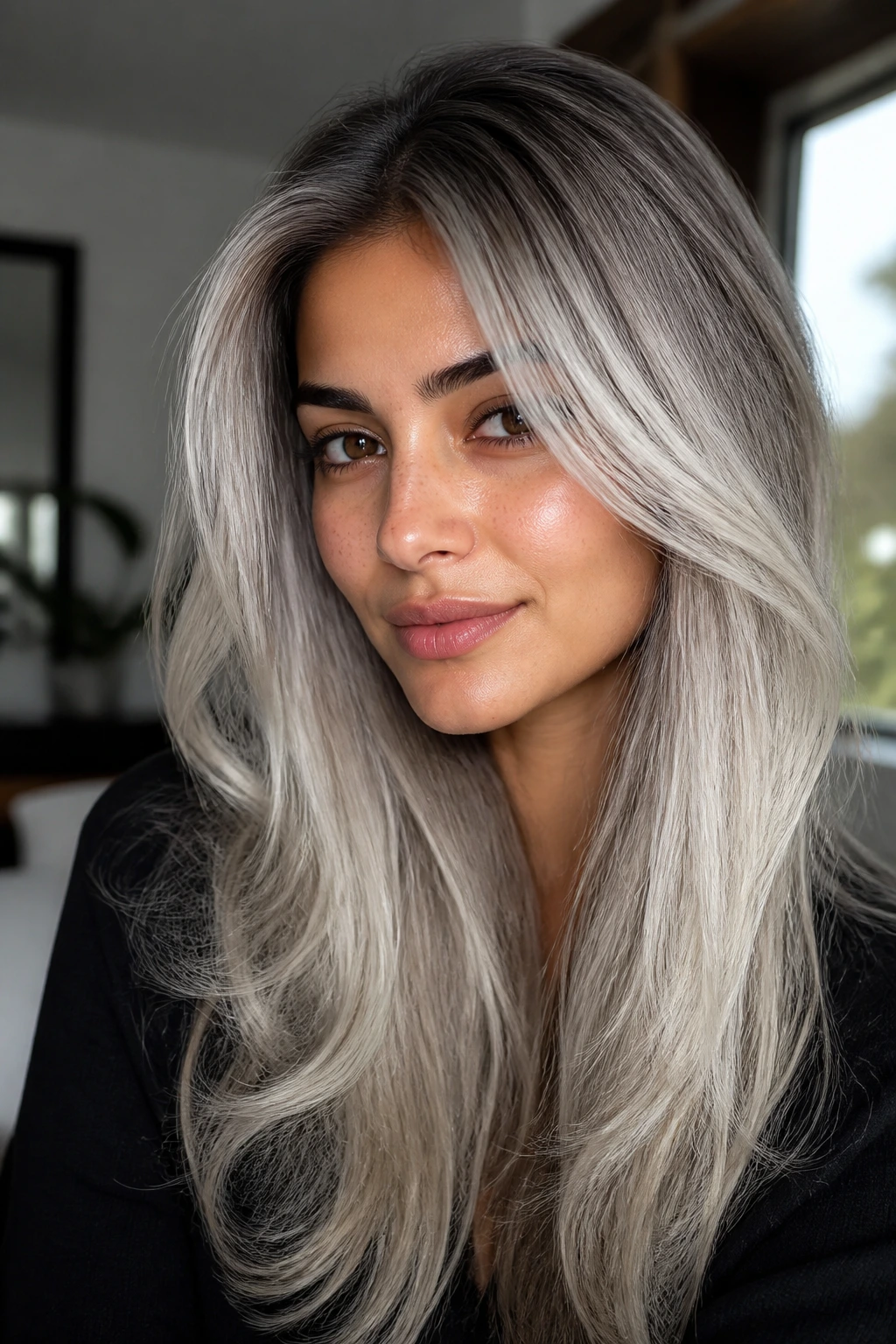 Long hair with frosted layers and root stretch on olive skin.