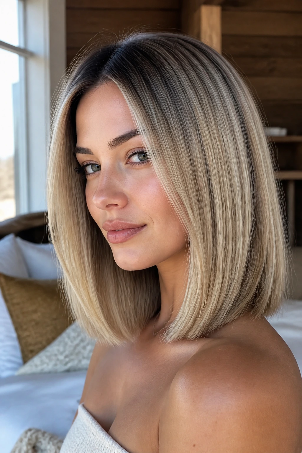Close-up portrait of a real woman with a frosted straight lob on dark hair in a sunlit bedroom