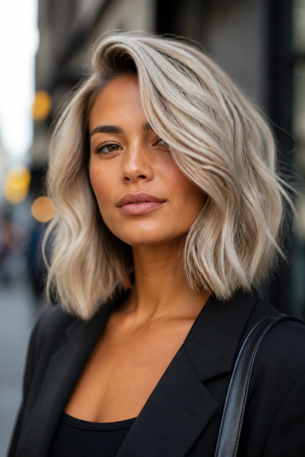 Close-up of real woman with frosted lob and deep side part