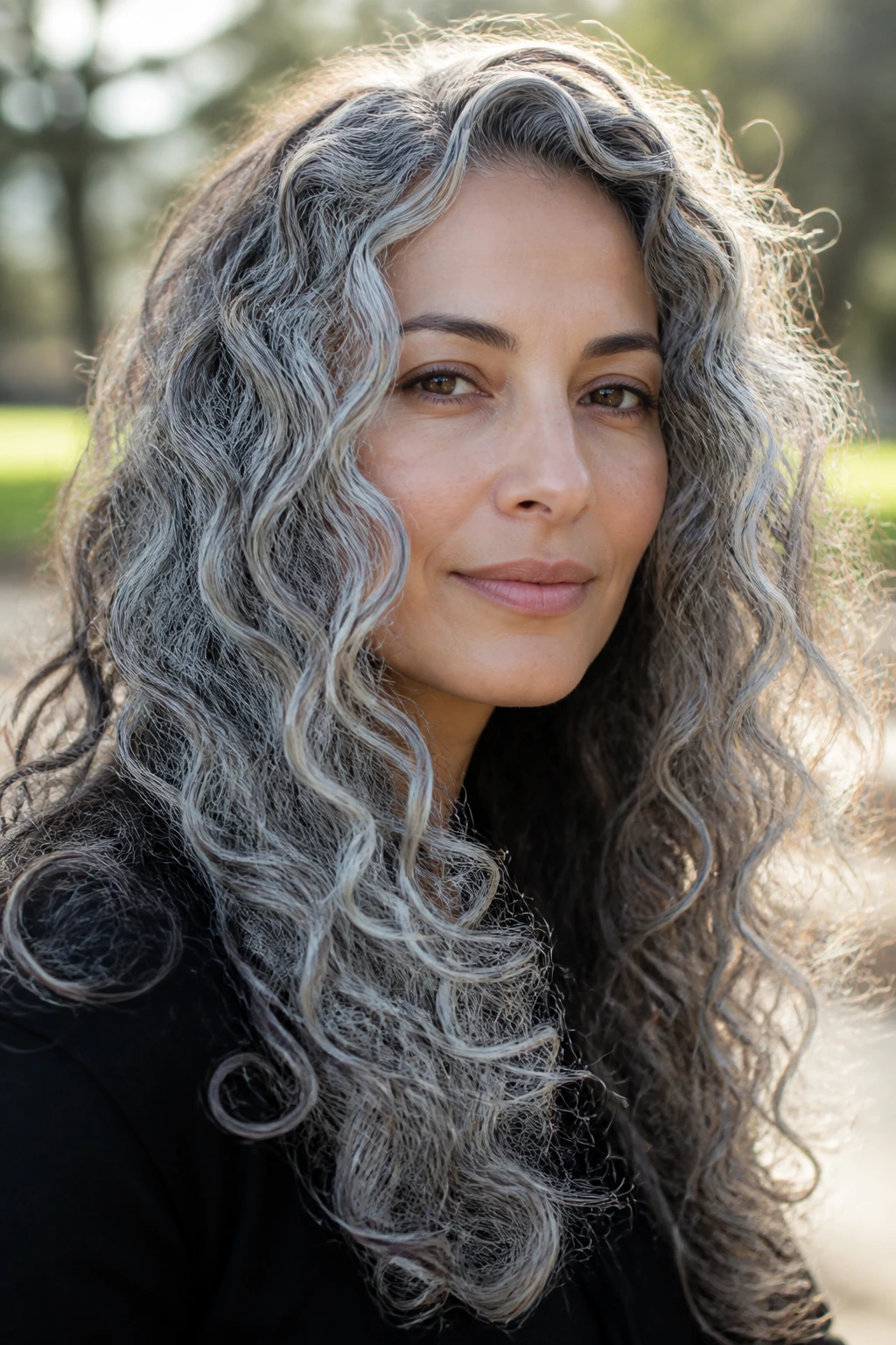 Close-up portrait of a real person with frosted long curls.