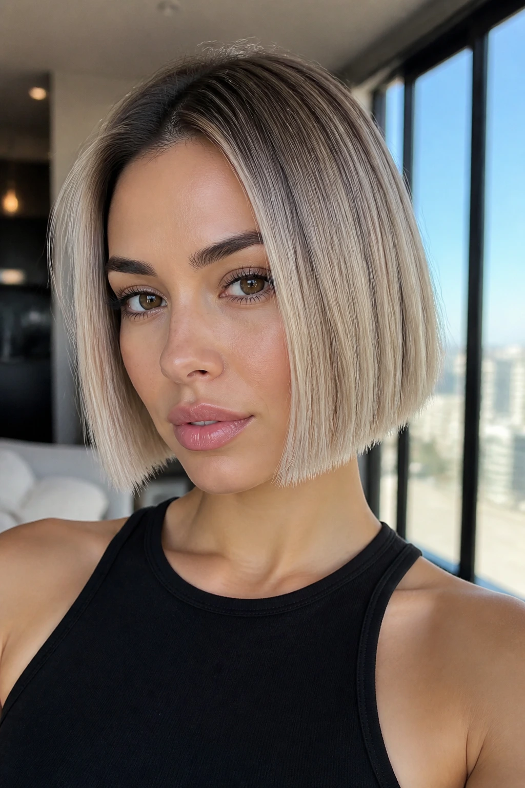 Portrait of a real woman with a frosted micro bob and cool blonde overlay.
