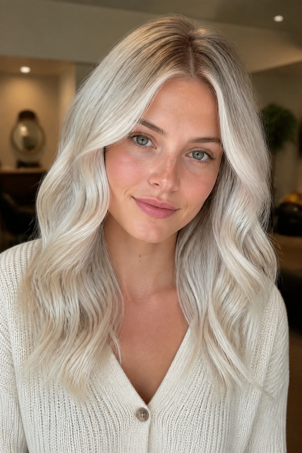 Close-up portrait of a real woman with frosted middle-part waves