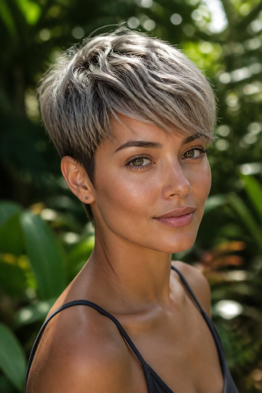 Close-up of a real person with frosted mushroom pixie hairstyle in a sunlit garden.