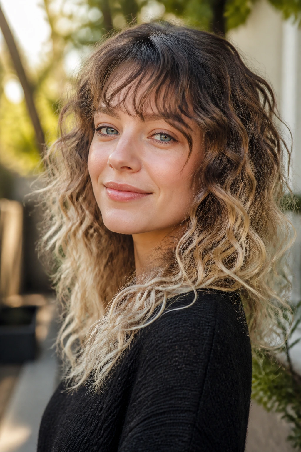 Close-up portrait of a real person with curly frosted ombré hair and wispy bangs.