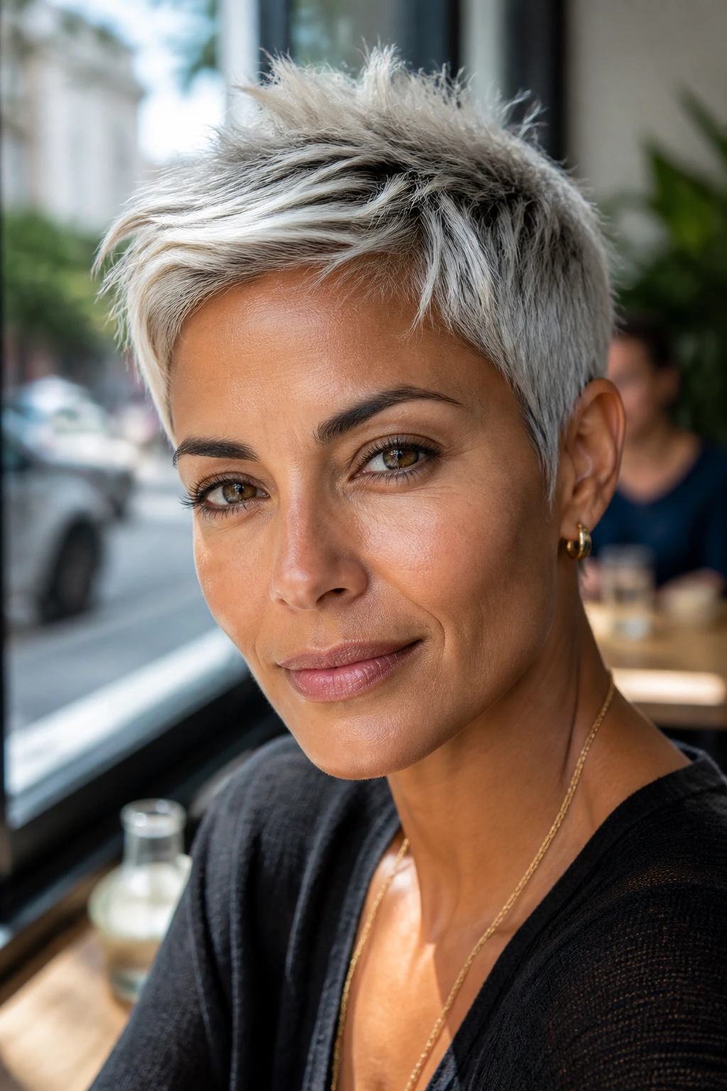Close-up portrait of a real woman with frosted pixie crop on olive skin