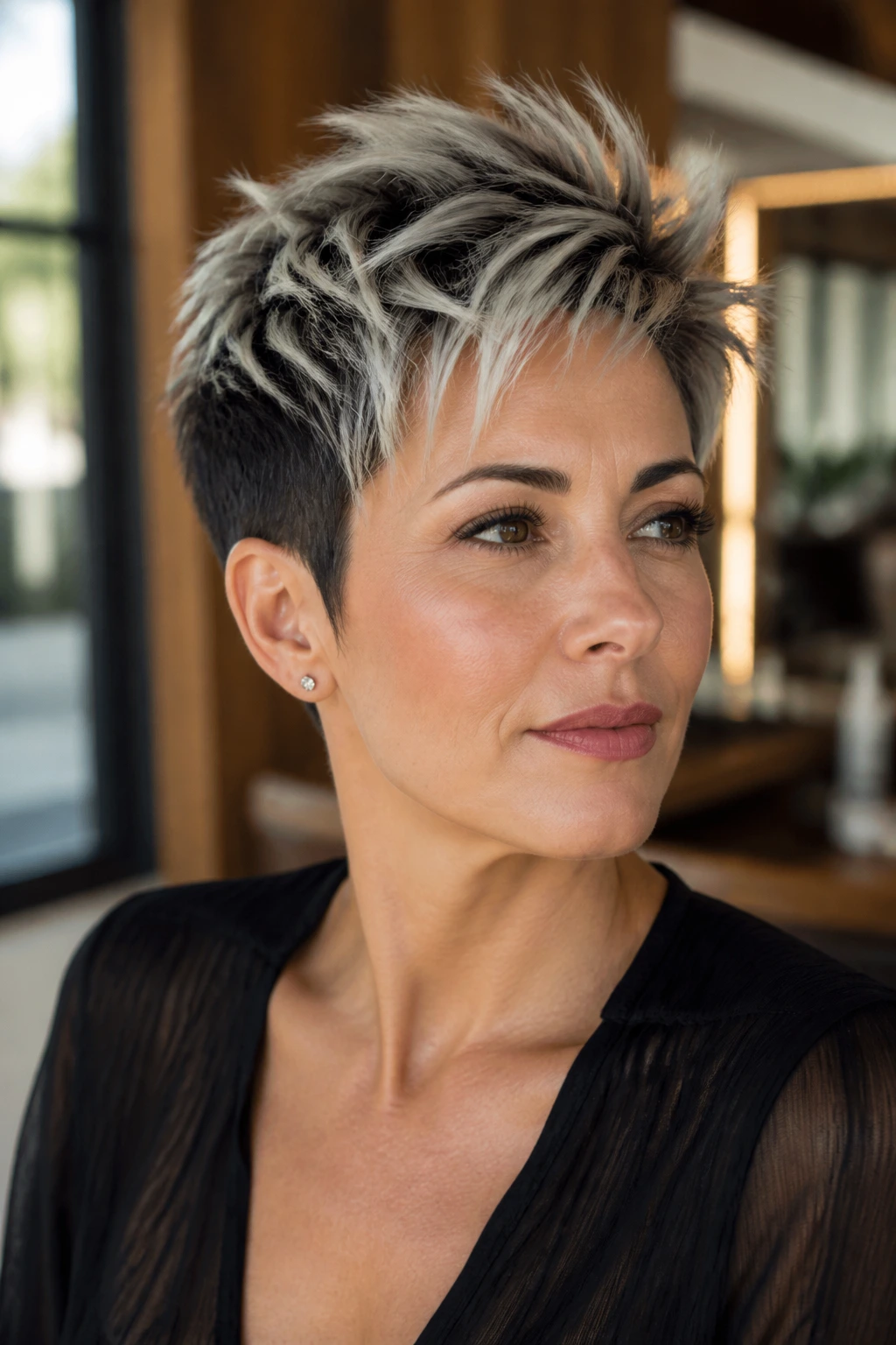 Close-up portrait of a real woman with a frosted pixie cut on dark hair, icy tips