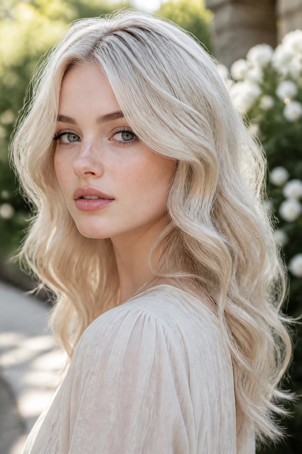 Close-up portrait of a real woman with frosted platinum waves.