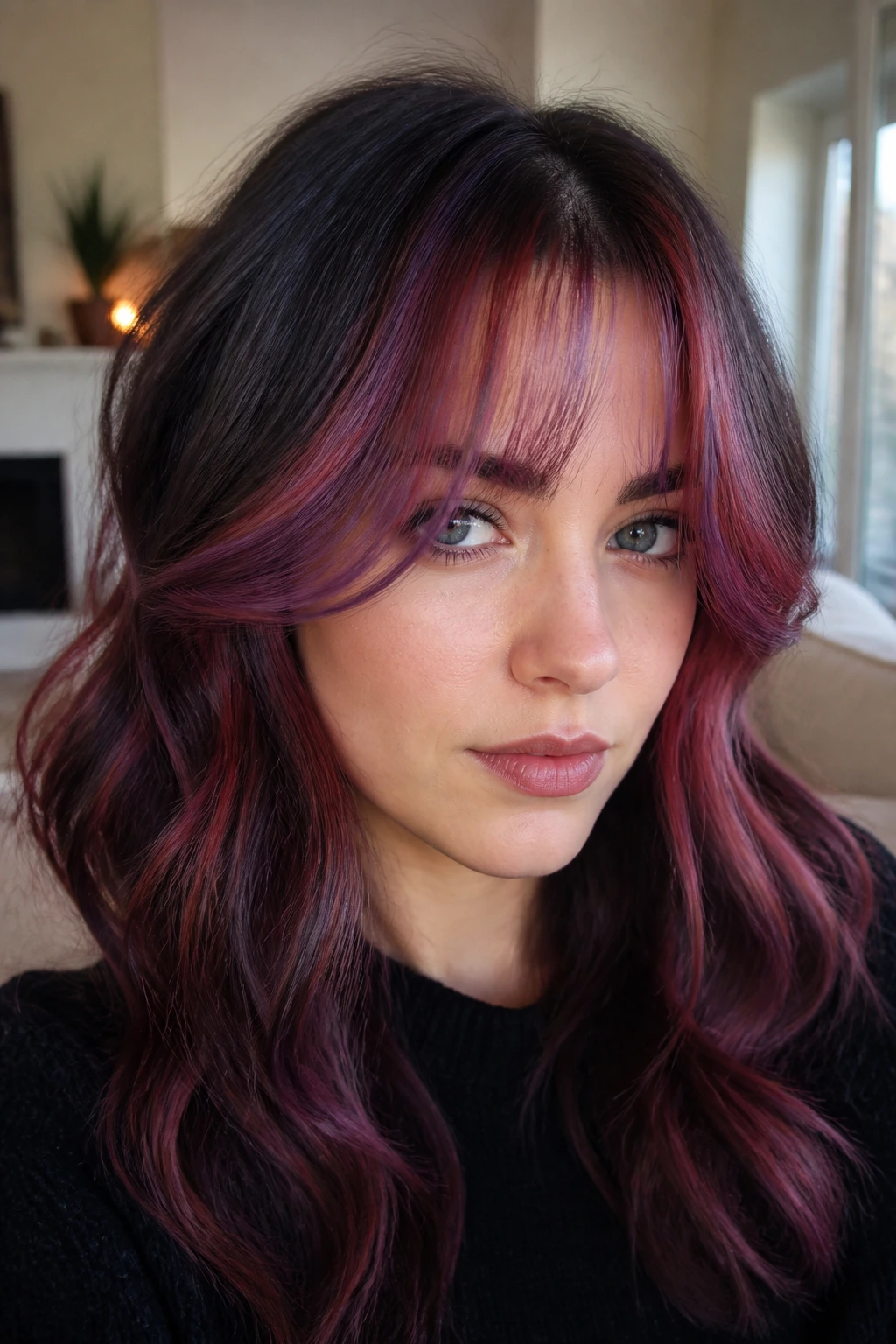 Close-up of a real woman with frosted red-violet panels and curtain fringe