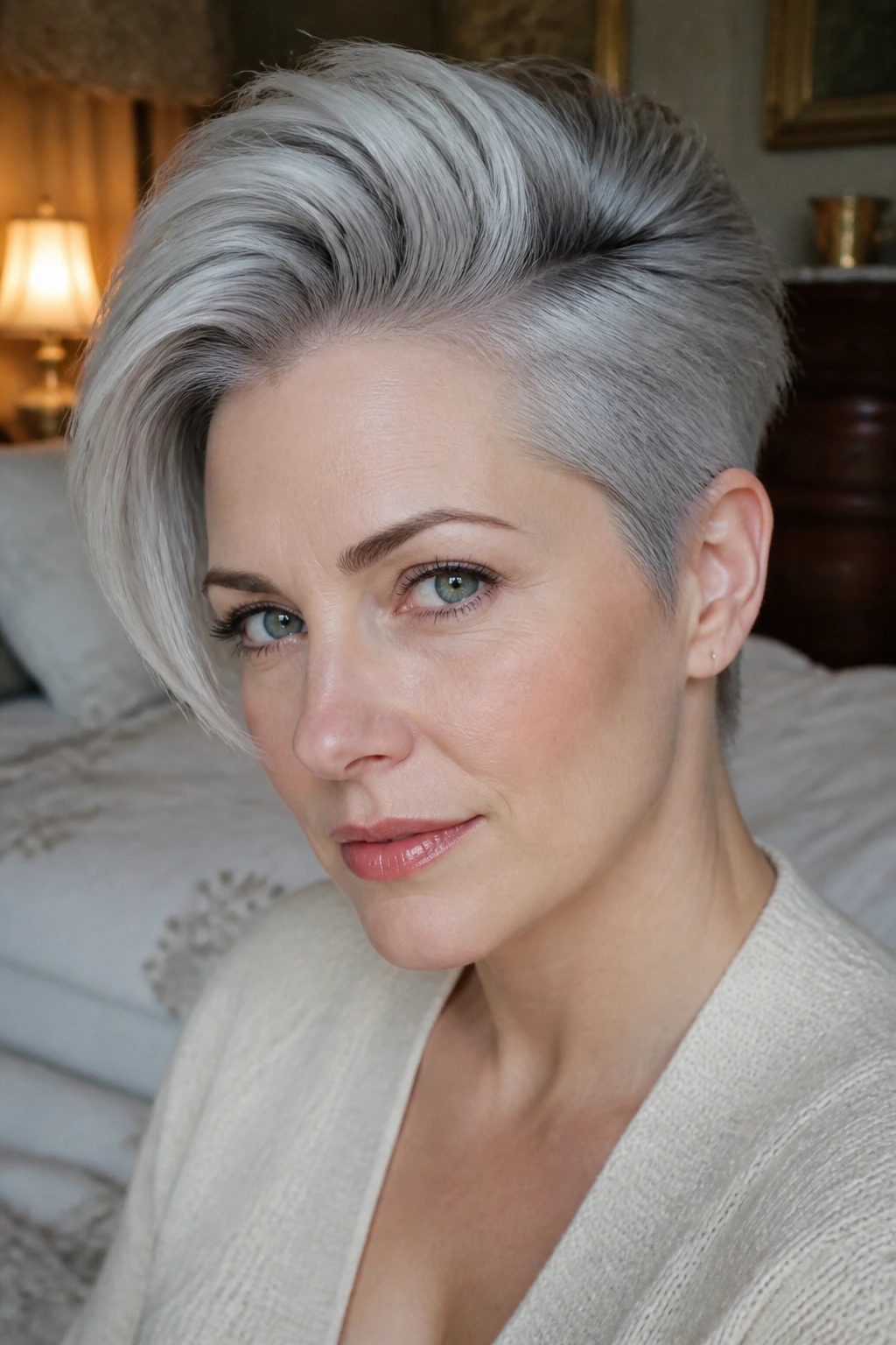 Portrait of real person with frosted side part and volume in silver hair