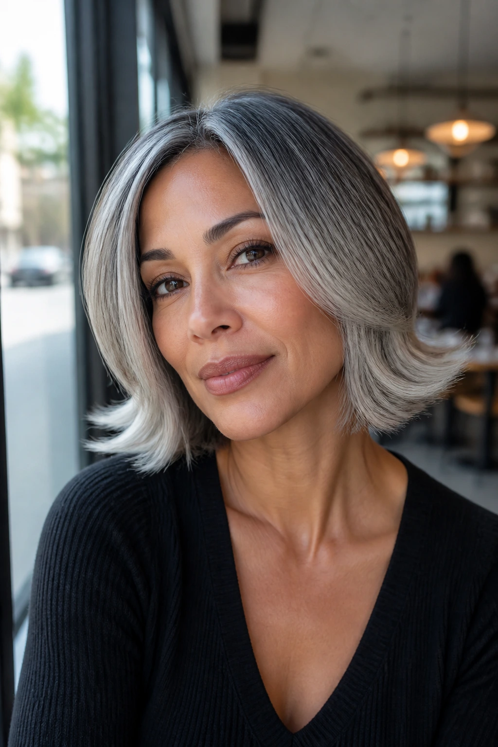 Portrait of woman with frosted silver flip-out bob and darker roots in daylight.