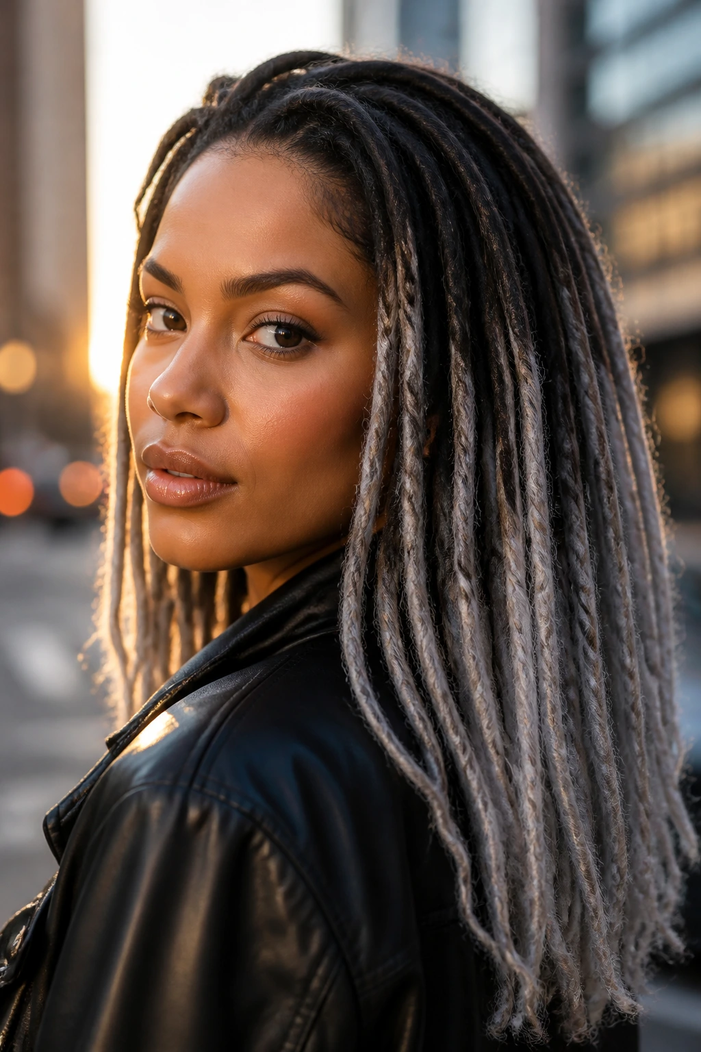 Portrait of a woman with frosted silver tips on olive skin in urban setting.