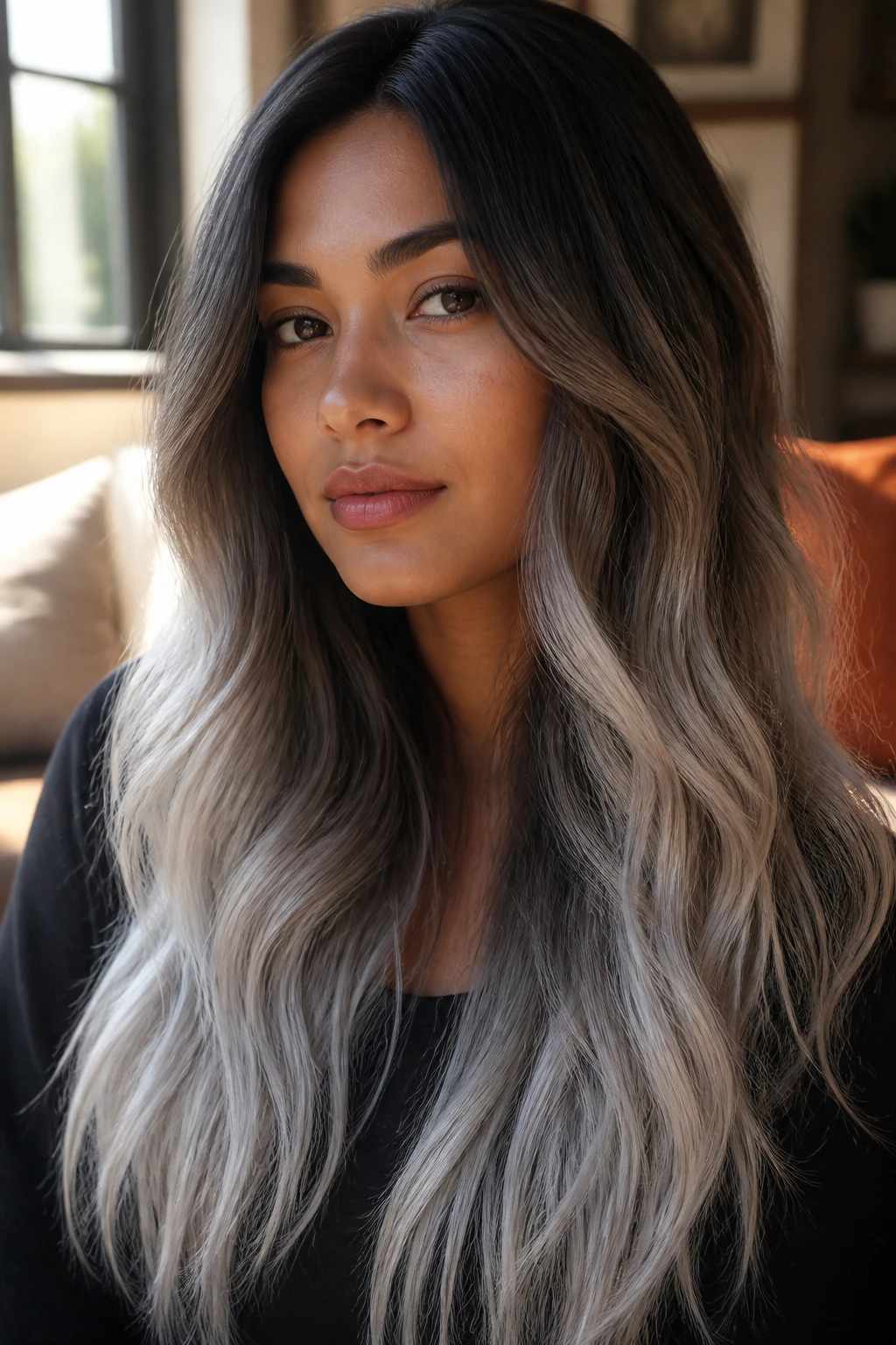 Close-up portrait of a woman with frosted silver ombré hair fading from dark roots to silver ends