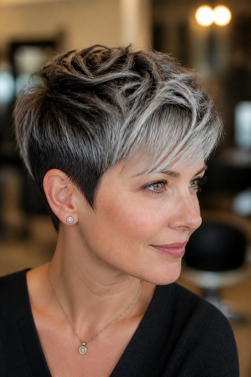 Close-up portrait with frosted smoke accents on pixie cut